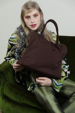 Load image into Gallery viewer, Oversize dark Brown vegan shoulder fabric tote bag Vegan Large Tote Bag
