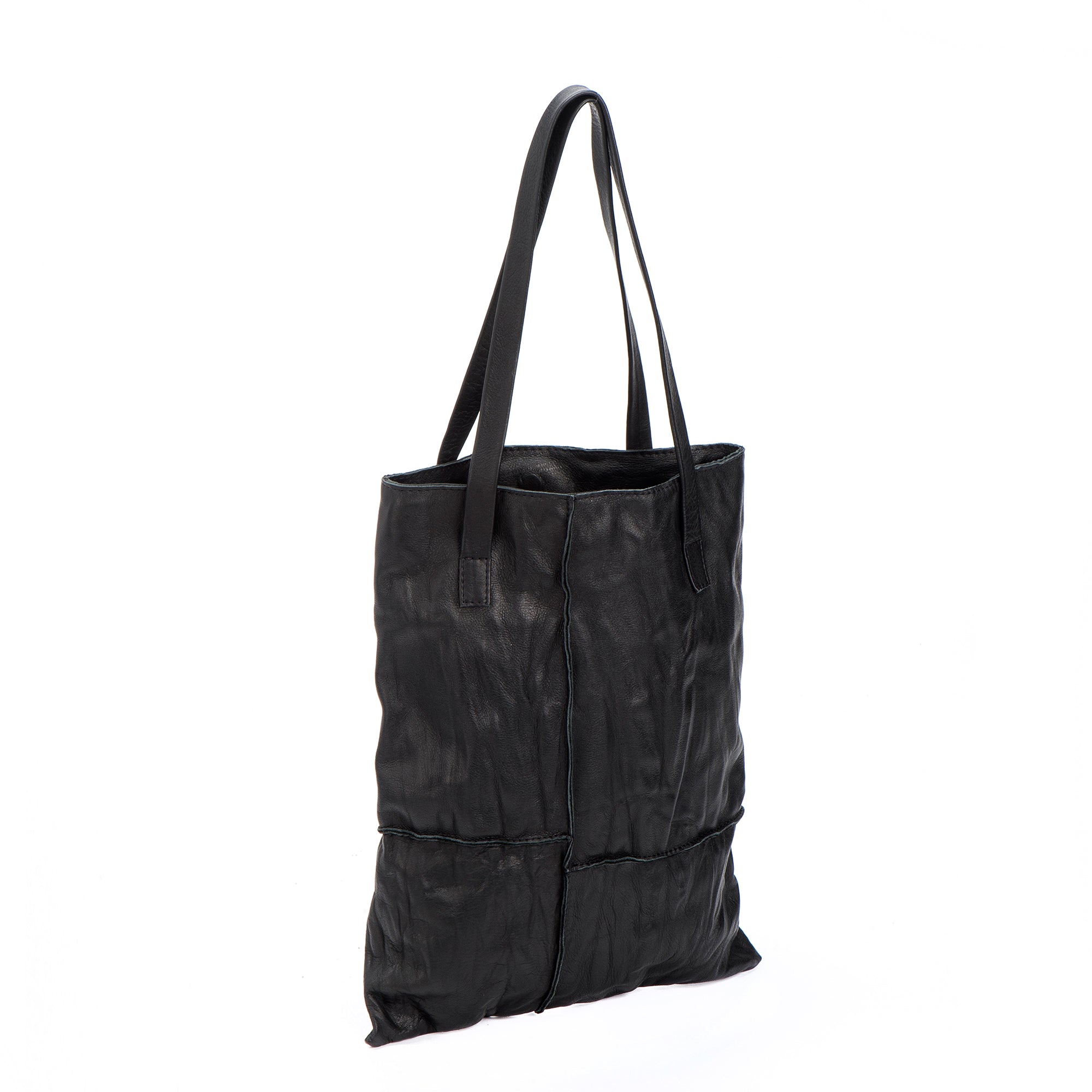 Black Leather Square Stitches Tote Bag, Best Craftsmanship and, Minimalist Geometric 